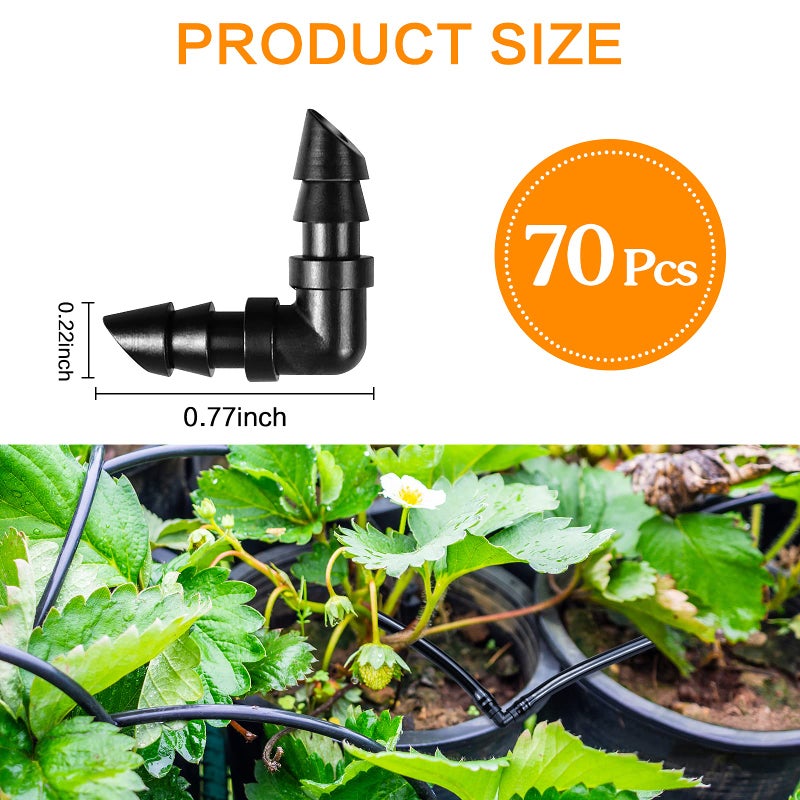iMopo 70 Pack Drip Irrigation Barbed Elbow Fittings,Barbed Connector Fits Universal 1/4"" Drip Tubing, 90 Degree Drip Line Corner for Drip or Sprinkler System - Image 2